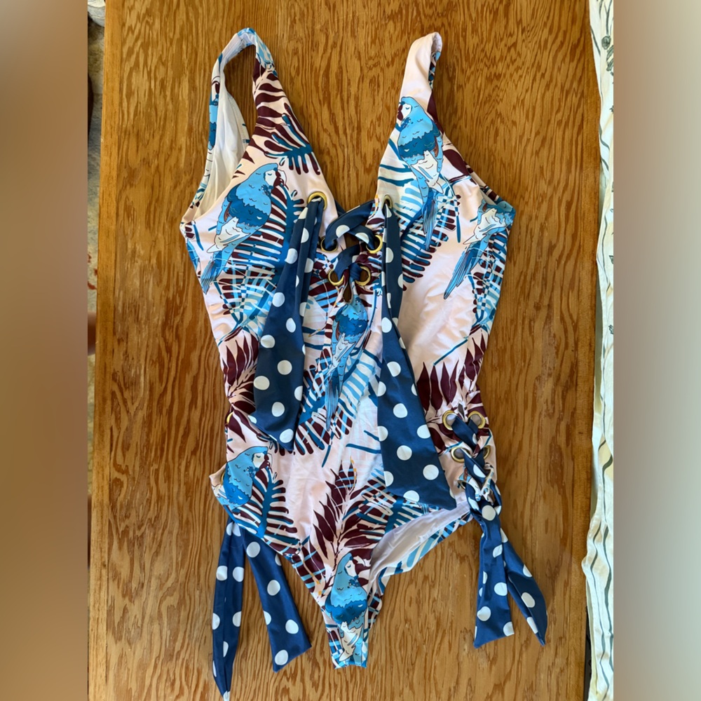 Anthropologie One-Piece Swimsuit with Blue Polka Dot Tie
